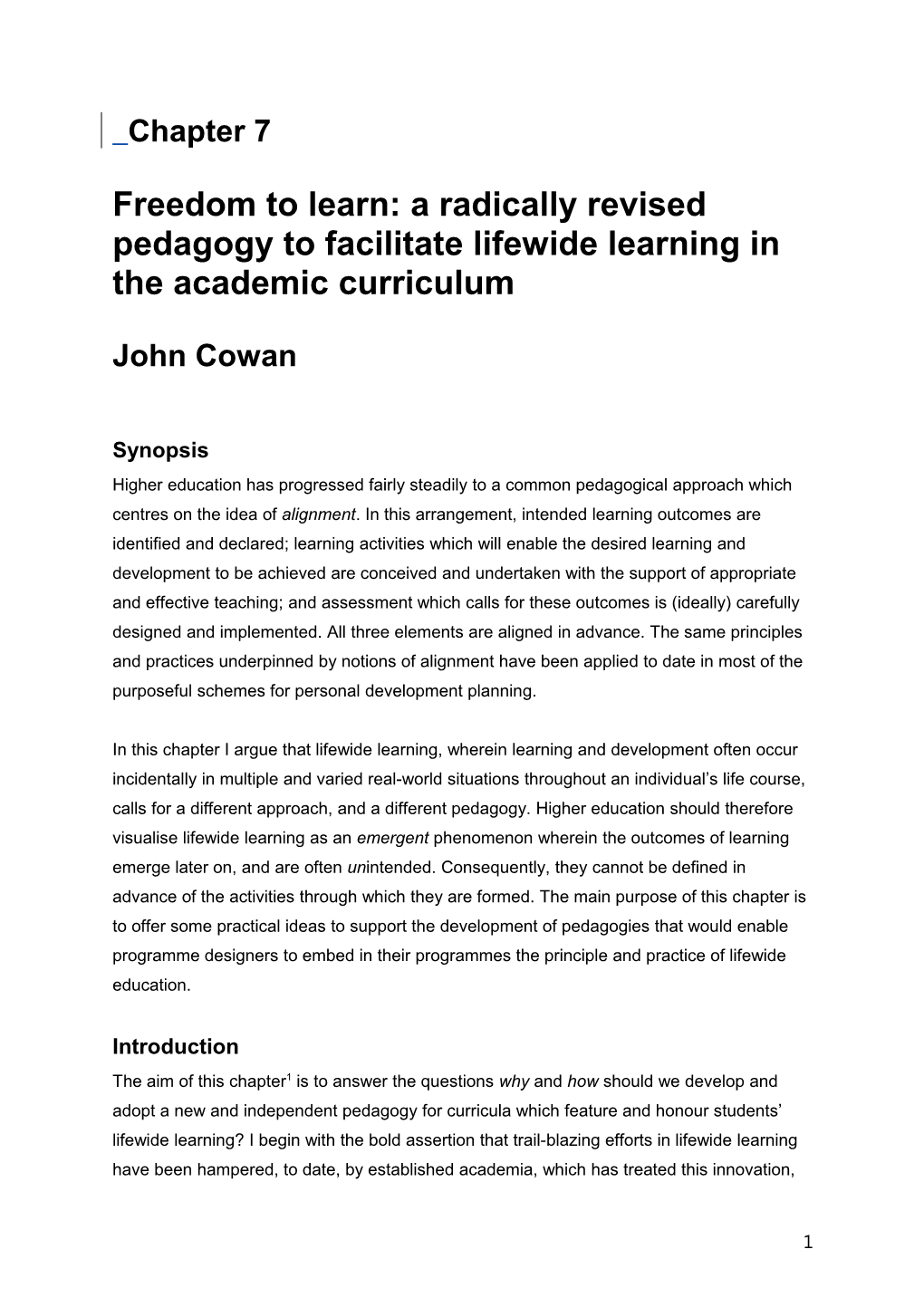 Towards a Pedagogy for Lifewide Learning