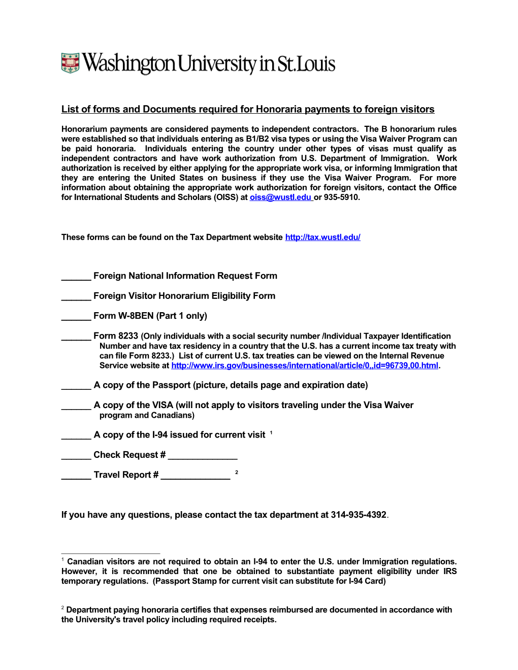 List of Forms and Documents Required for Honoraria Payments to Foreign Visitors