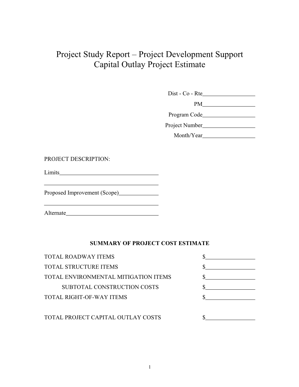 Project Study Report Project Development Supportcapital Outlay Project Estimate
