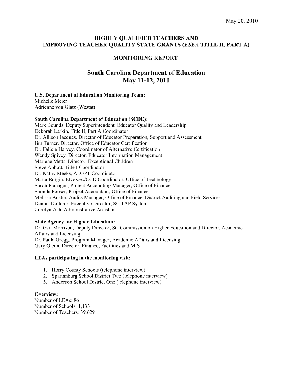 South Carolina Highly Qualified Teachers Monitoring Report May 11-12, 2010 (MS WORD)