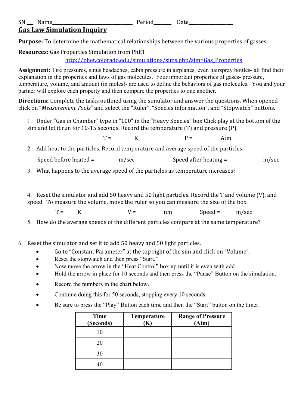 Gas Law Simulation Inquiry