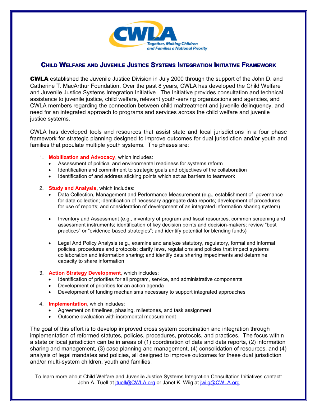 Child Welfare and Juvenile Justice Systems Integration Initiative Framework