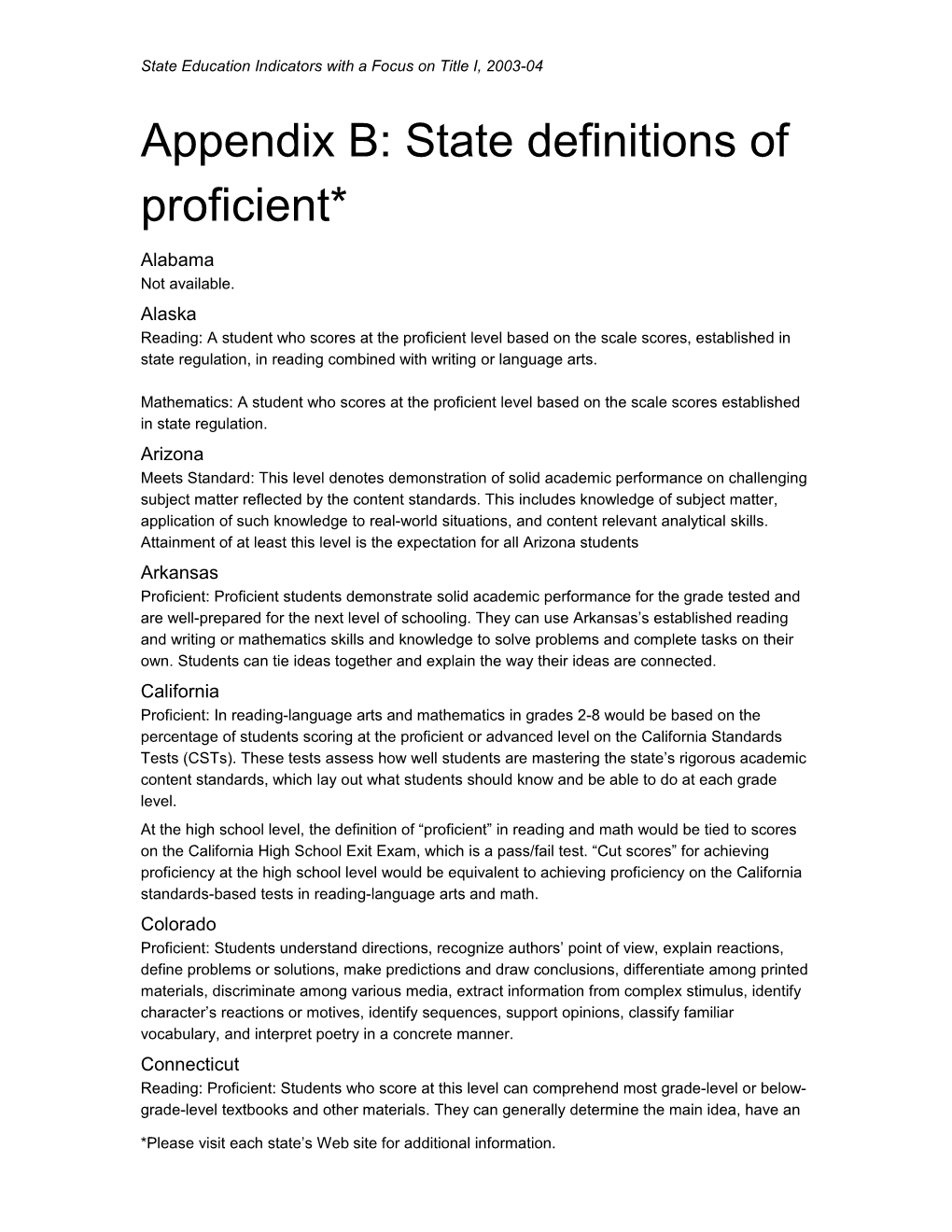 Appendix B: State Definitions of Proficient* State Education Indicators with a Focus On