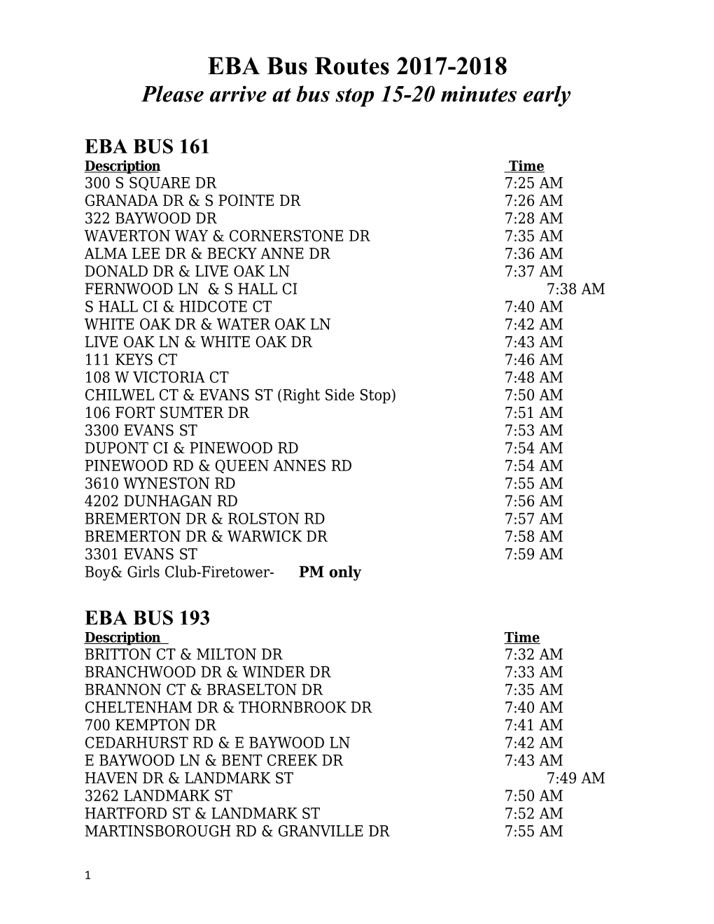 EBA Bus Routes 2017-2018