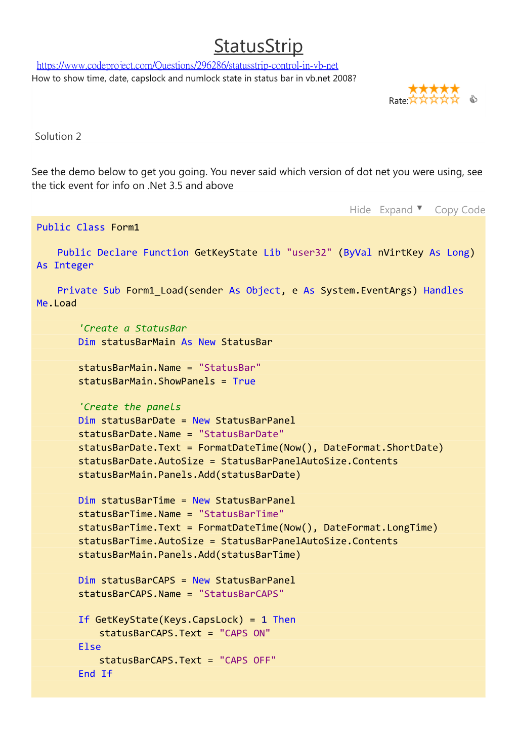 How to Show Time, Date, Capslock and Numlock State in Status Bar in Vb.Net 2008?