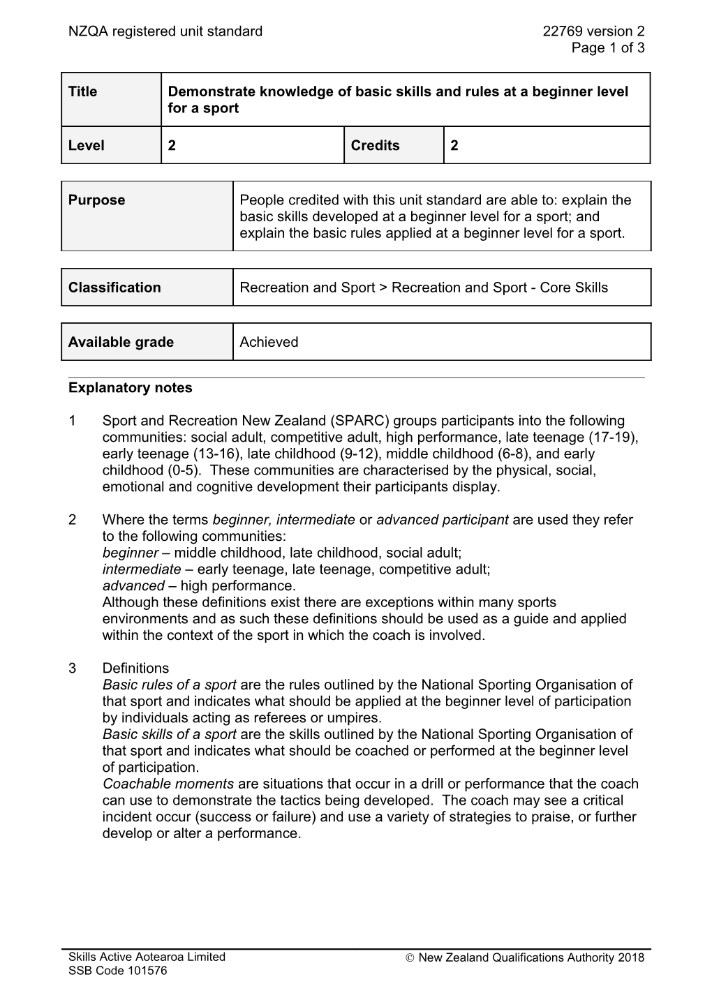 22769 Demonstrate Knowledge of Basic Skills and Rules at a Beginner Level for a Sport