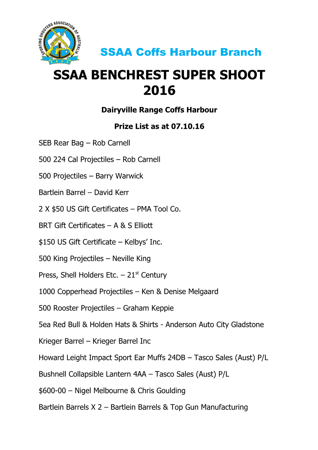 Ssaa Benchrest Super Shoot 2016