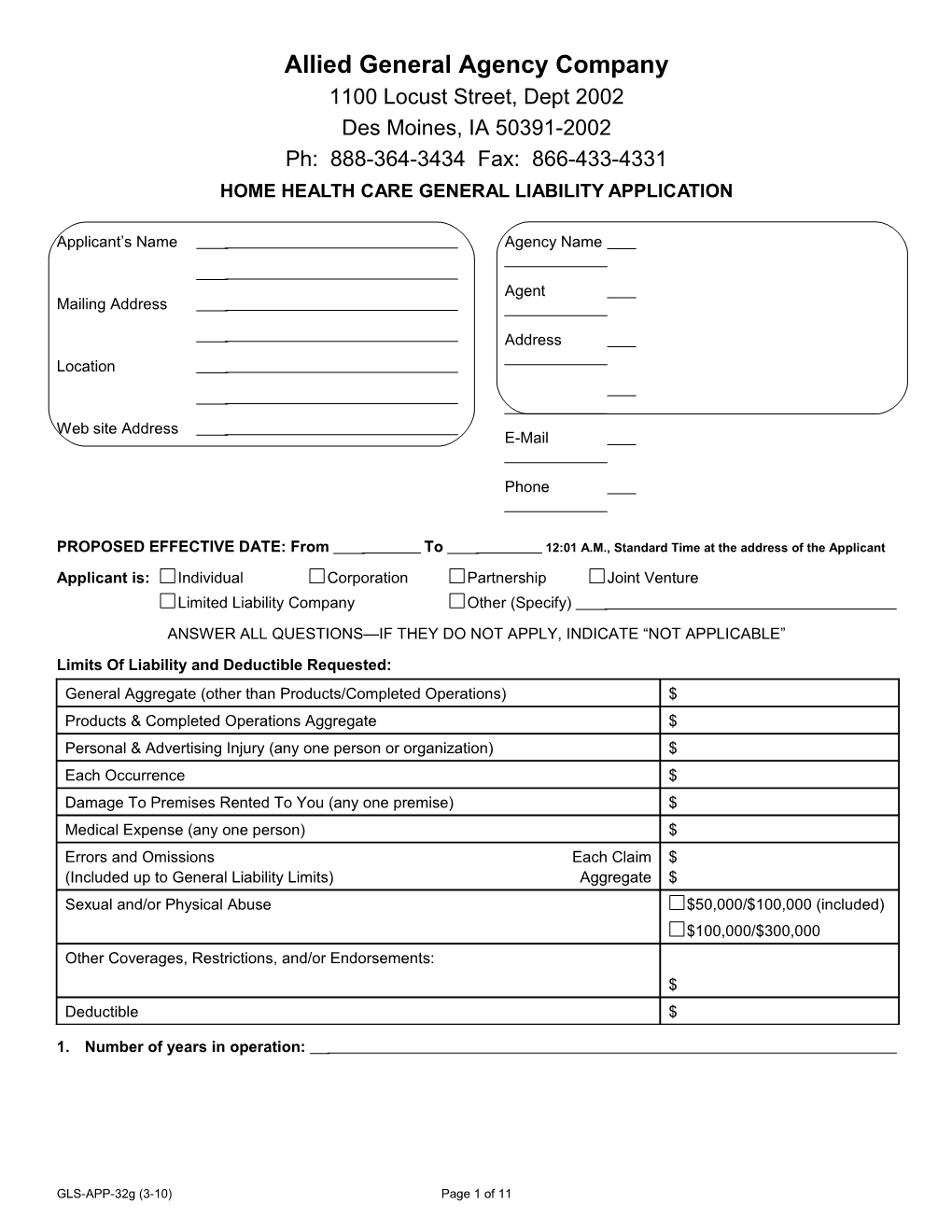 Home Health Care General Liability Application