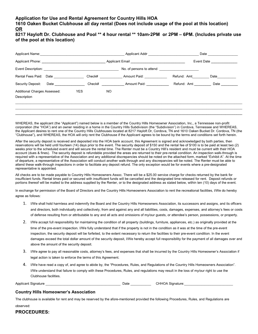 Application for Use and Rental Agreement for Country Hills HOA