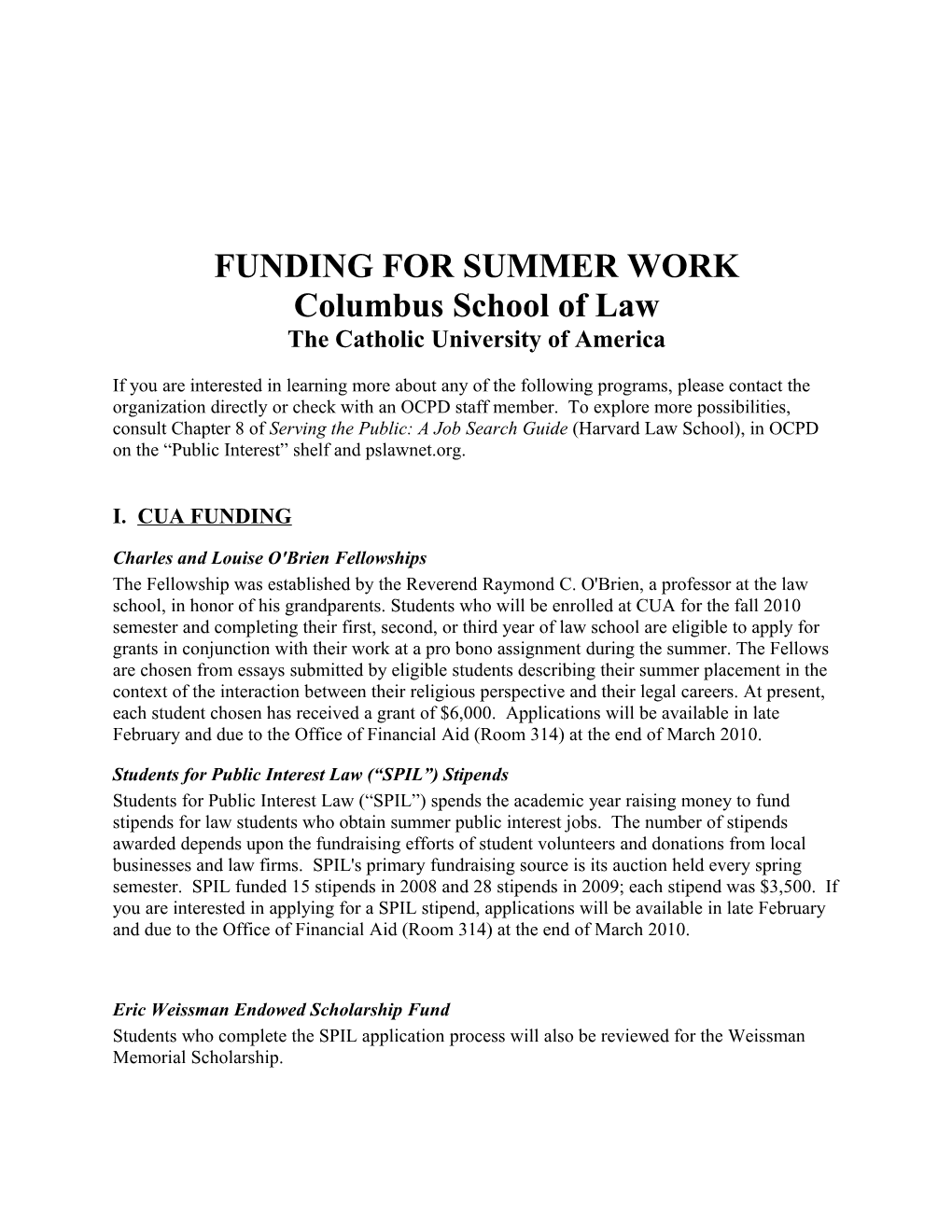 Funding for Summer Work