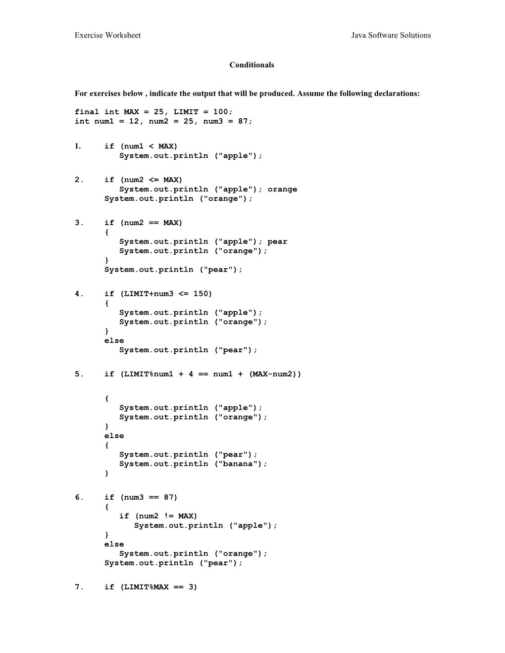 Exercise Worksheetjava Software Solutions