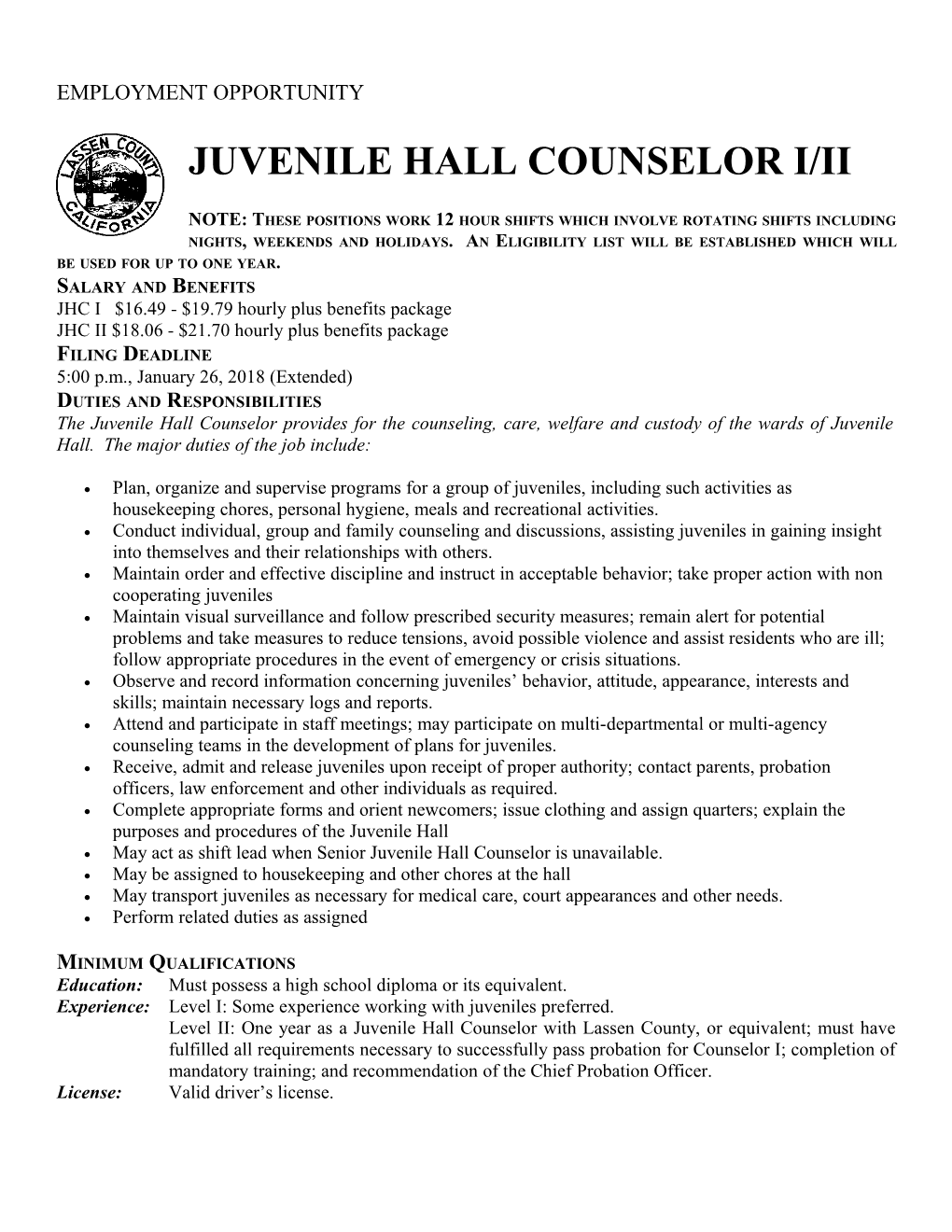 Juvenile Hall Counselor I/Ii