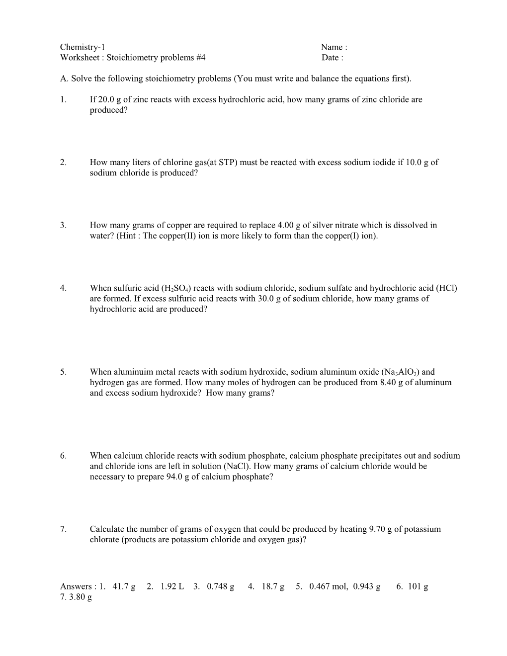 Worksheet : Stoichiometry Problems #4 Date