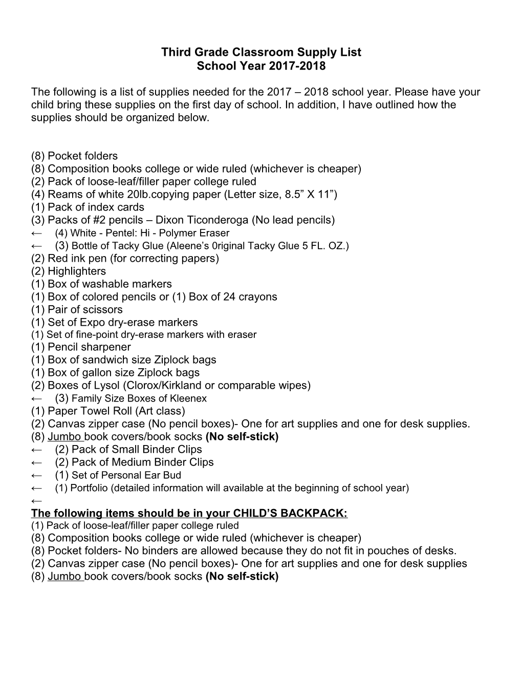 Third Grade Classroom Supply List