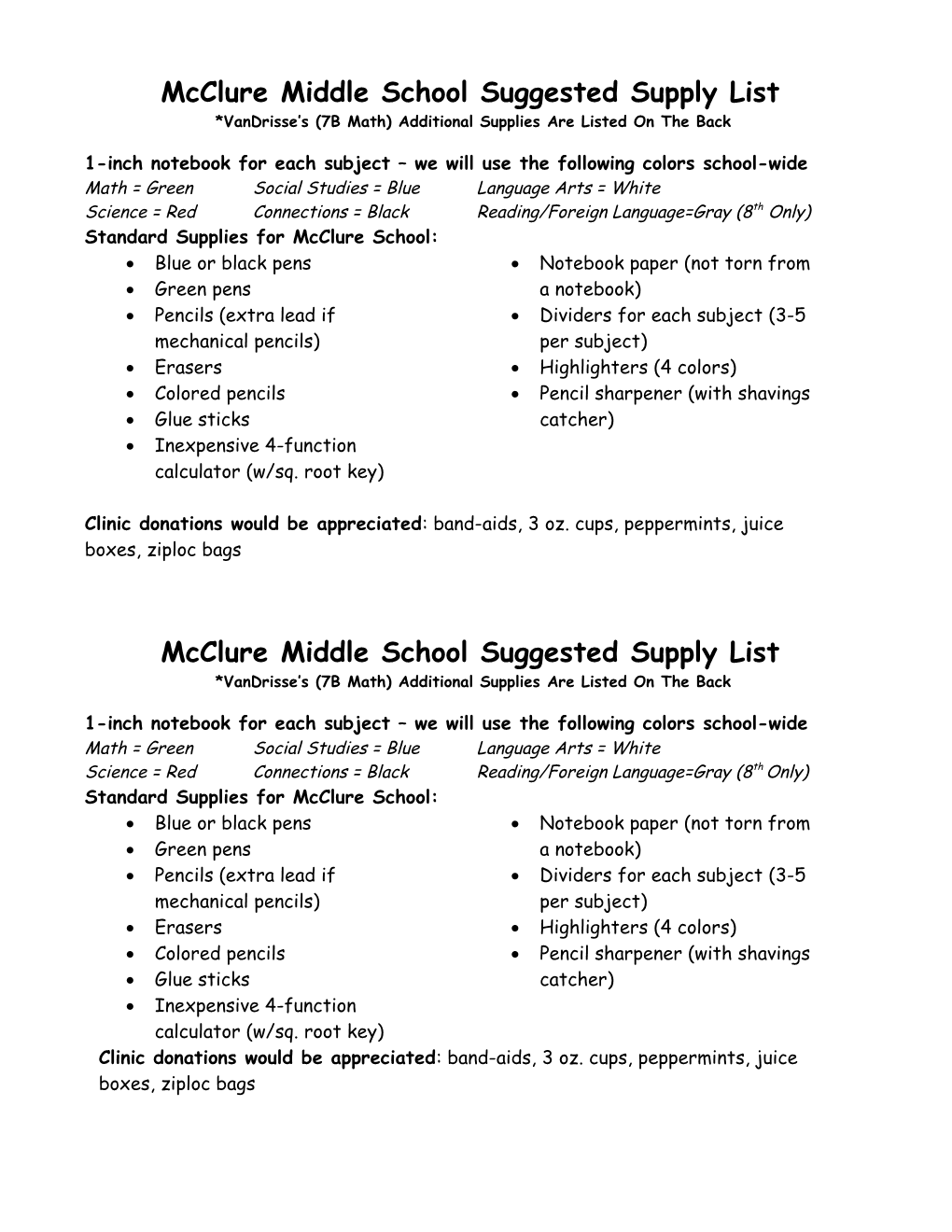 Mcclure Middle School Supply List