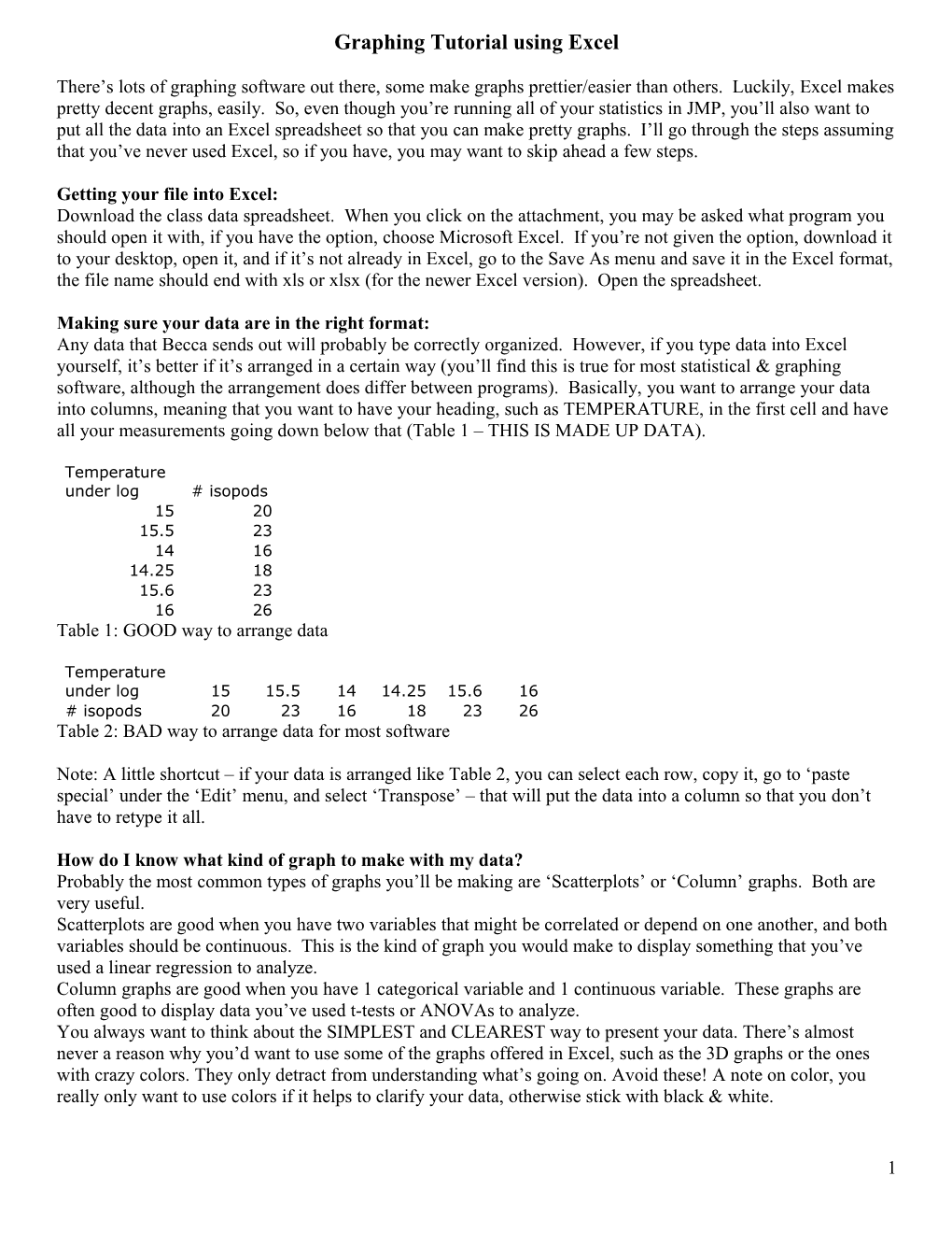 Graphing Tutorial, Using Excel to Make Graphs