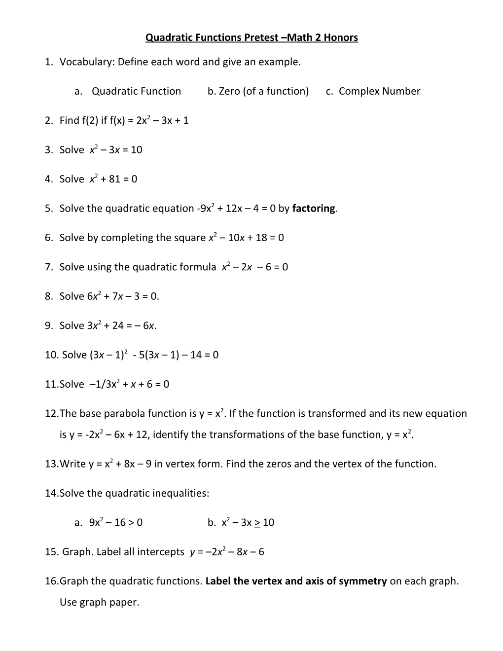 Quadratic Functions Pretest Math 2 Honors