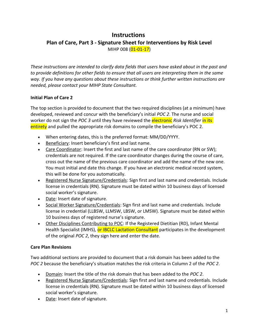 Plan of Care, Part 3 - Signature Sheet for Interventions by Risk Level