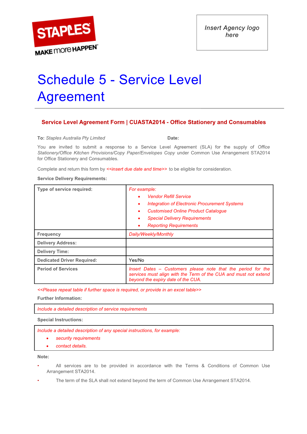Service Level Agreement Form CUASTA2014 - Office Stationery and Consumables