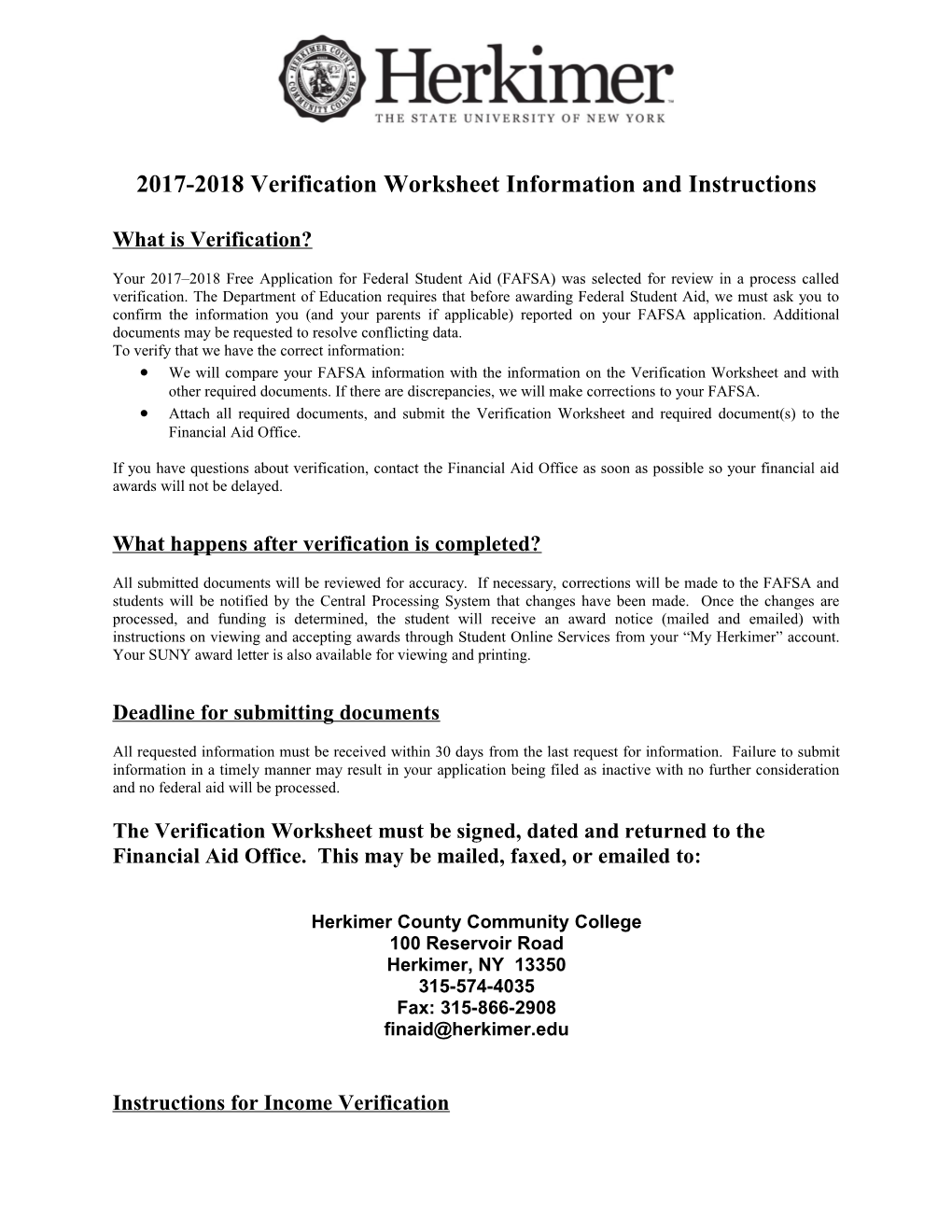 2017-2018 Verification Worksheet Information and Instructions