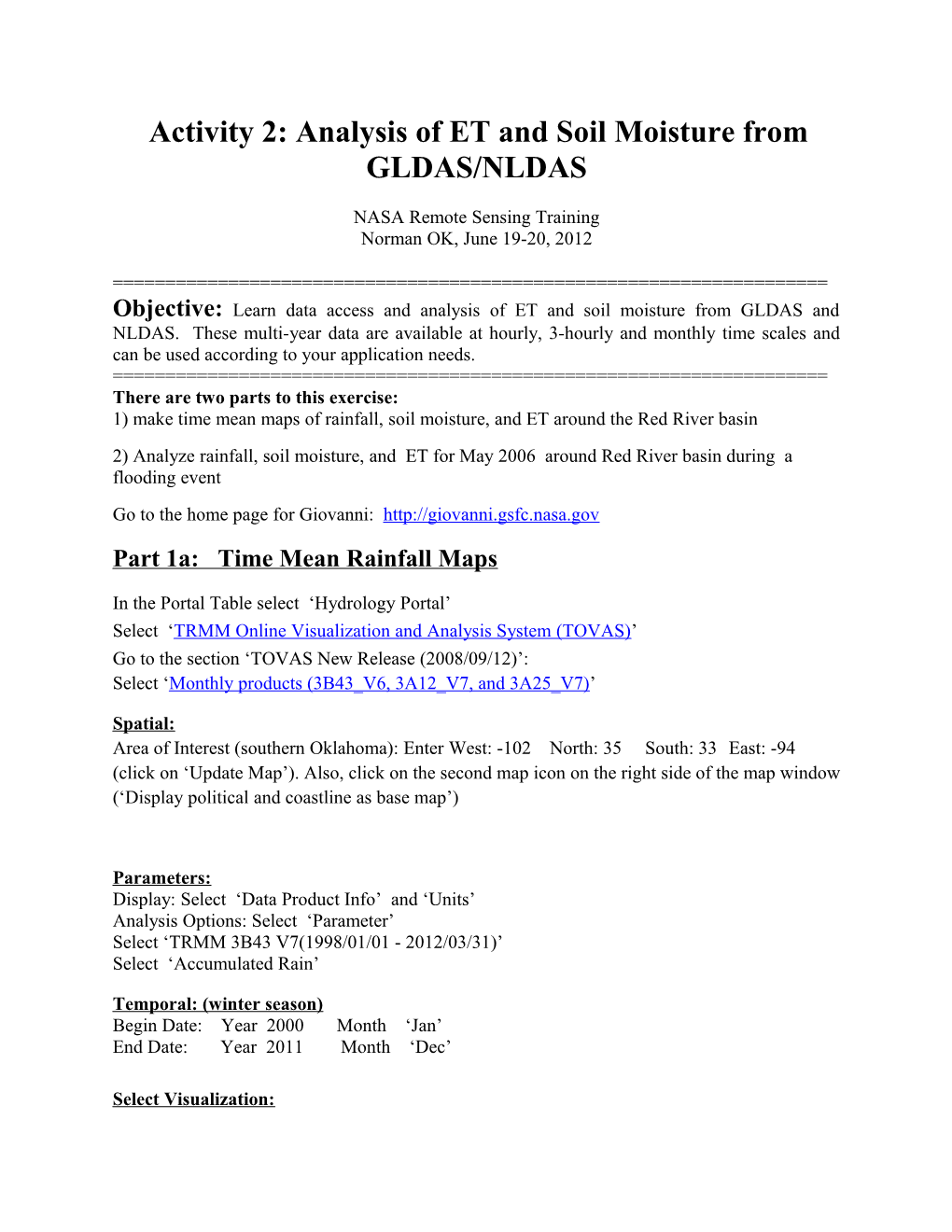 Activity 2: Analysis of ET and Soil Moisture from GLDAS/NLDAS