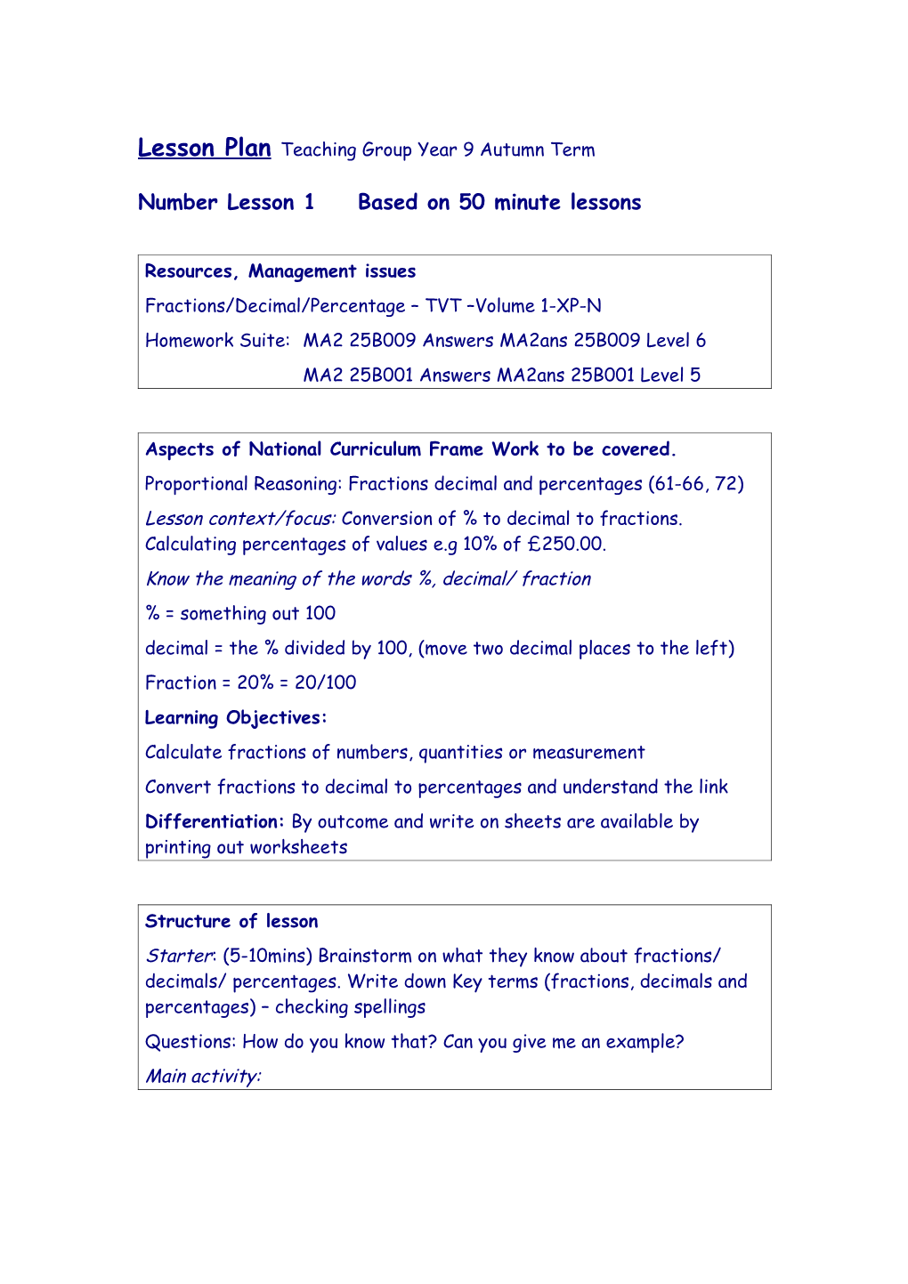 Number Lesson Plan 1 -Based on 50 Minute Lessons