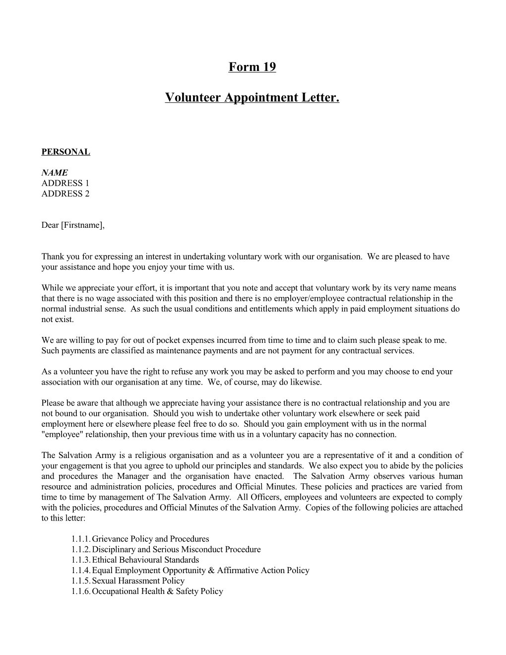 Volunteer Appointment Letter