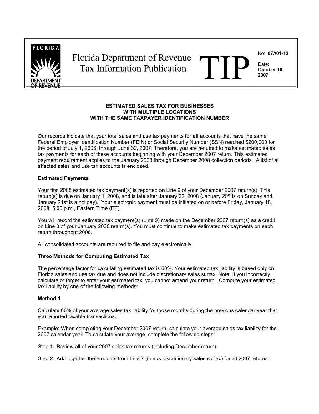 Estimated Sales Tax for Businesses with Multiple Locations with the Same Taxpayer ID)