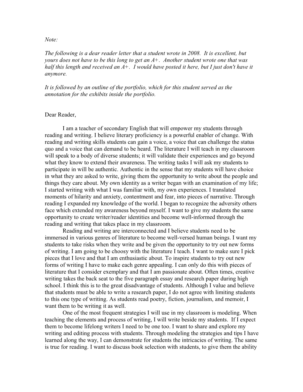 The Following Is a Dear Reader Letter That a Student Wrote in 2008. It Is Excellent, But