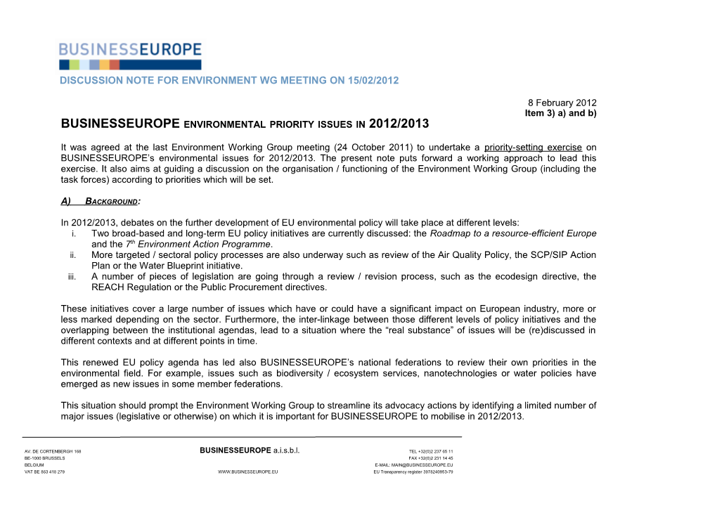 BUSINESSEUROPE Environmental Priority Issues in 2012/2013