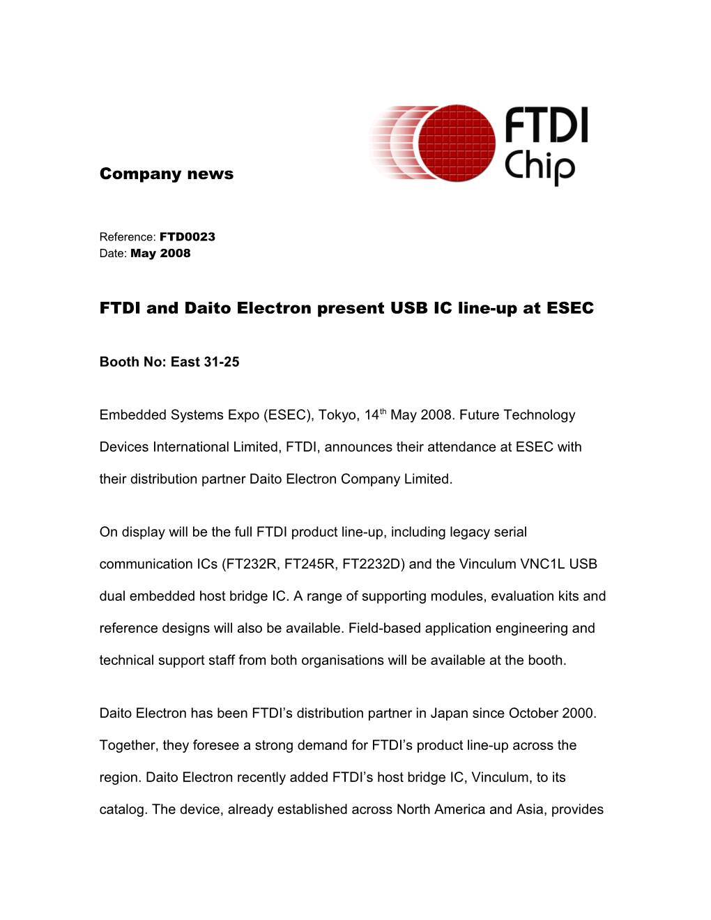 FTDI and Daito Electron Present USB IC Line-Up at ESEC