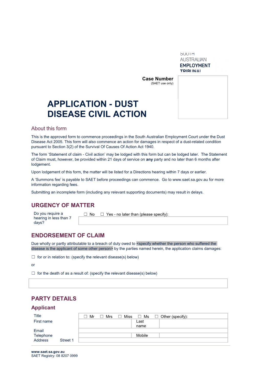 Application - Dust Disease Civil Action