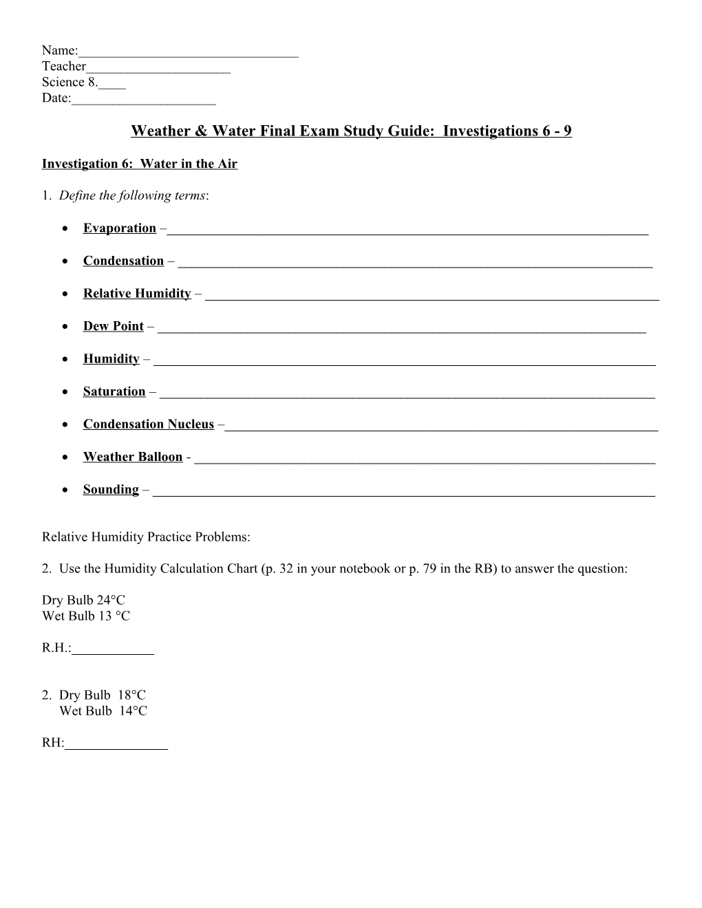 Weather & Water Final Exam Study Guide: Investigations 6 - 9