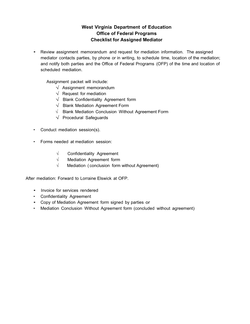 Checklist for Assigned Mediator