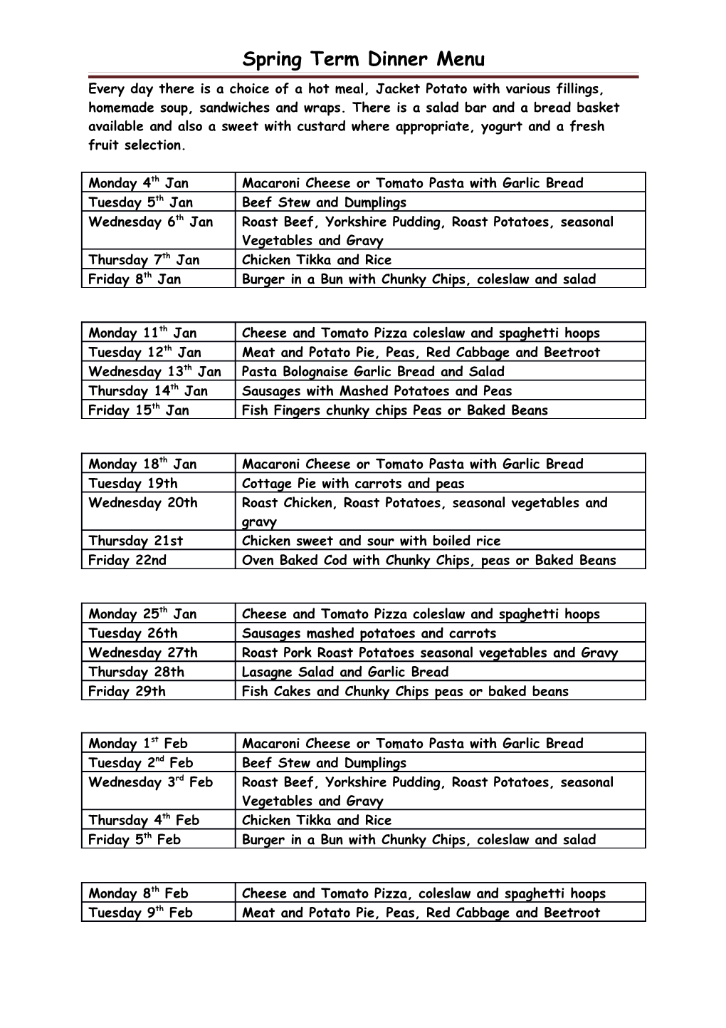 Spring Term Dinner Menu