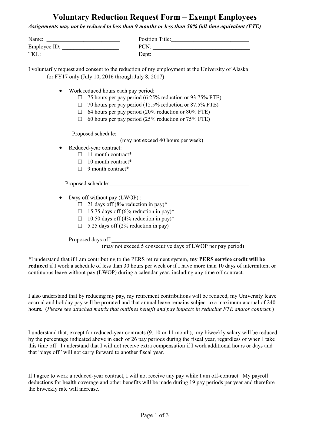 Voluntary Reduction Request Form Exempt Employees