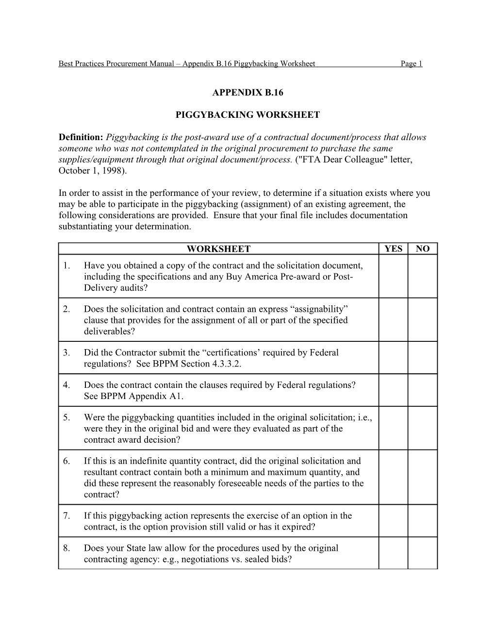 Best Practices Procurement Manual Appendix B.16 Piggybacking Worksheet Page 1