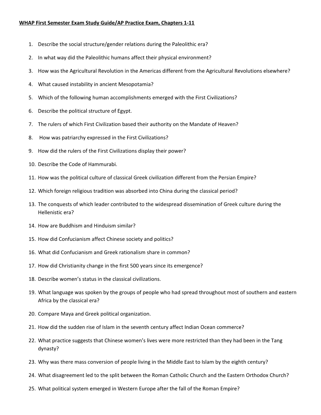 WHAP First Semester Exam Study Guide/AP Practice Exam, Chapters 1-11