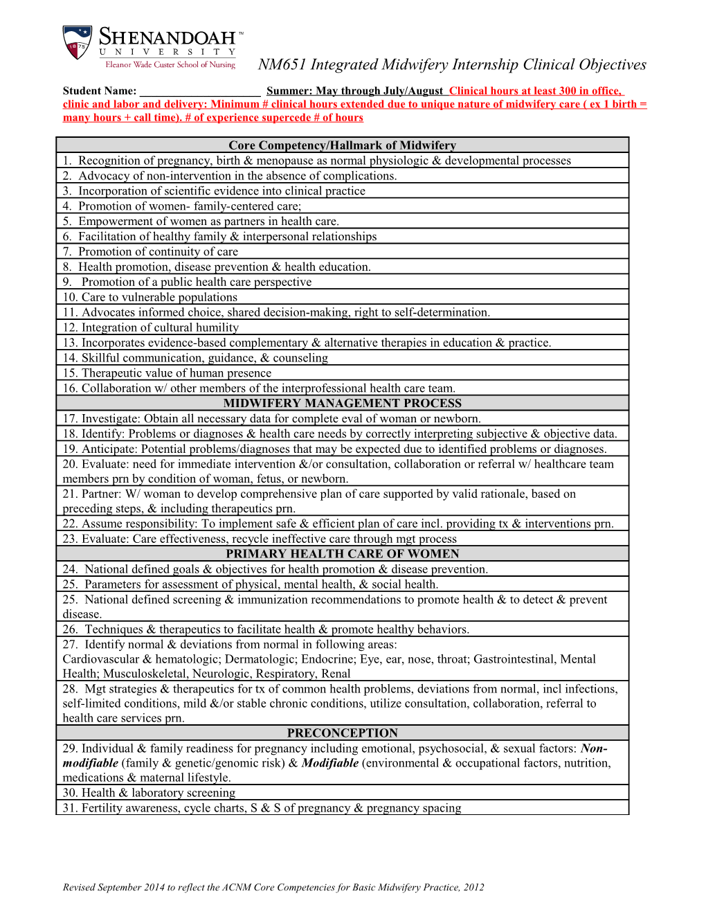 Shenandoah University Division of Nursing: Nurse-Midwifery Clinical Evaluation Tool