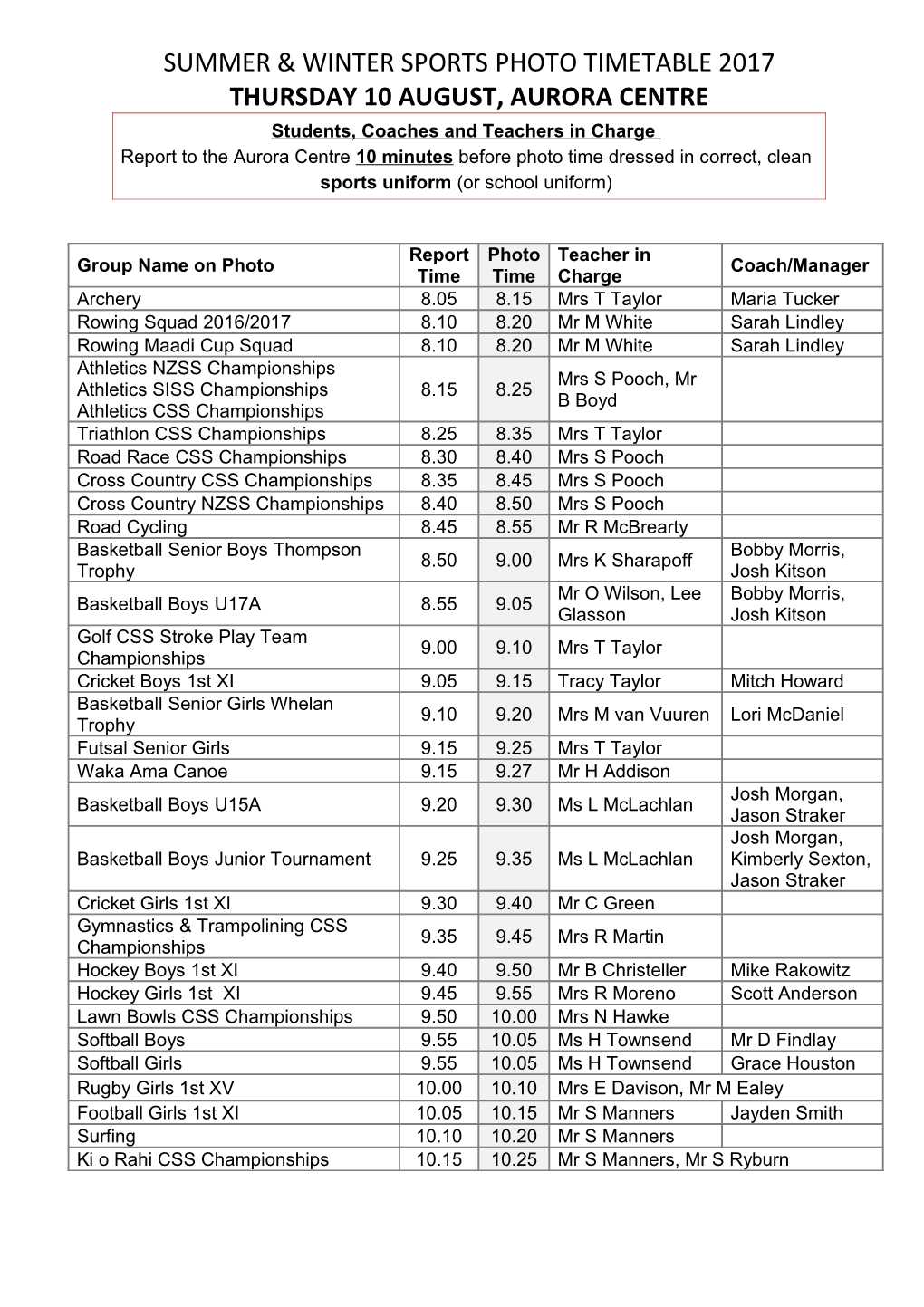 Summer & Winter Sports Photo Timetable 2017