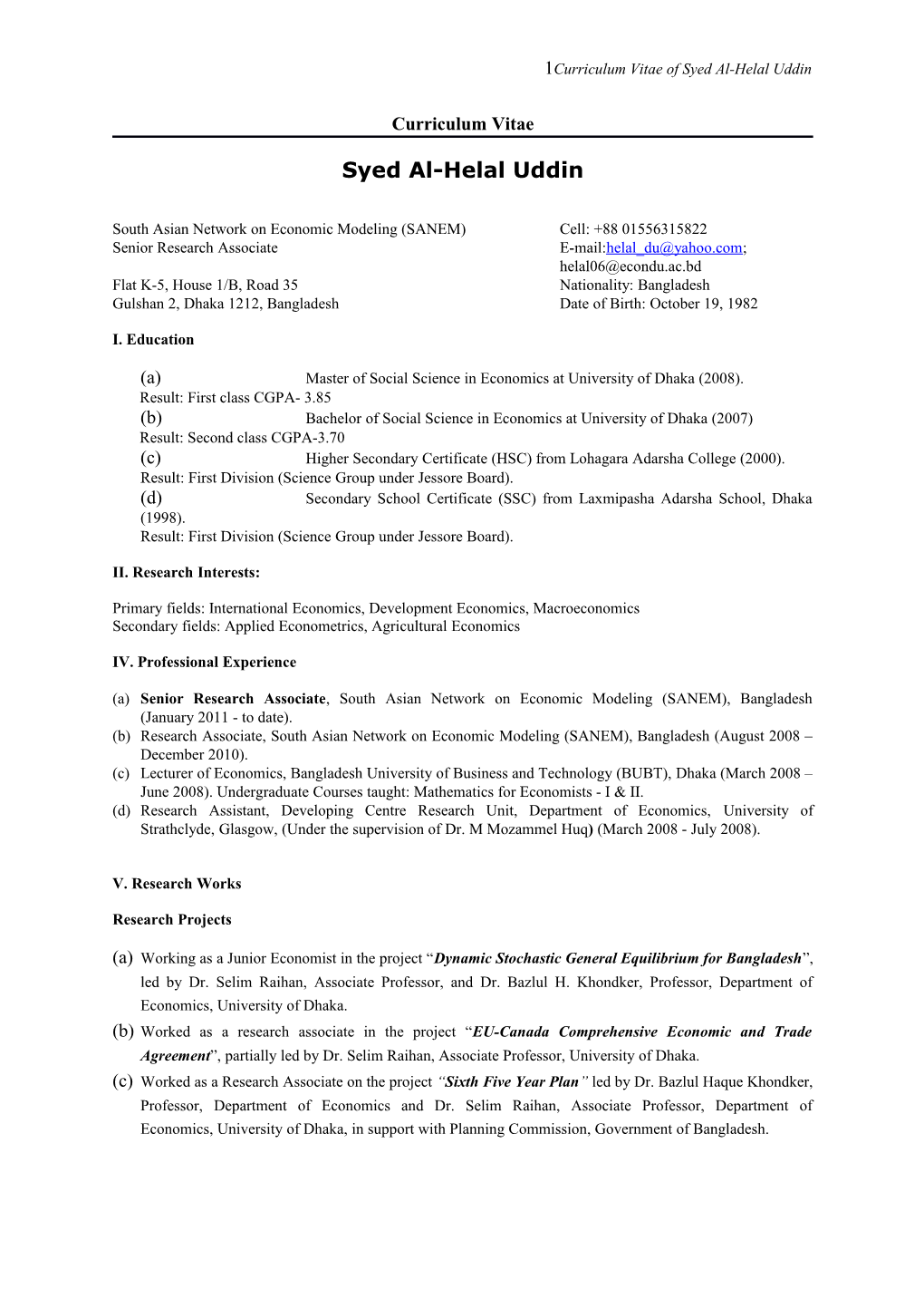 Curriculum Vitae of Syed Al-Helal Uddin