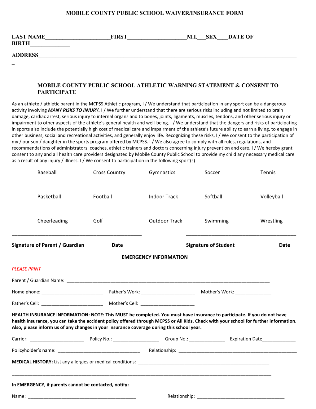 Mobile County Public School Waiver/Insurance Form