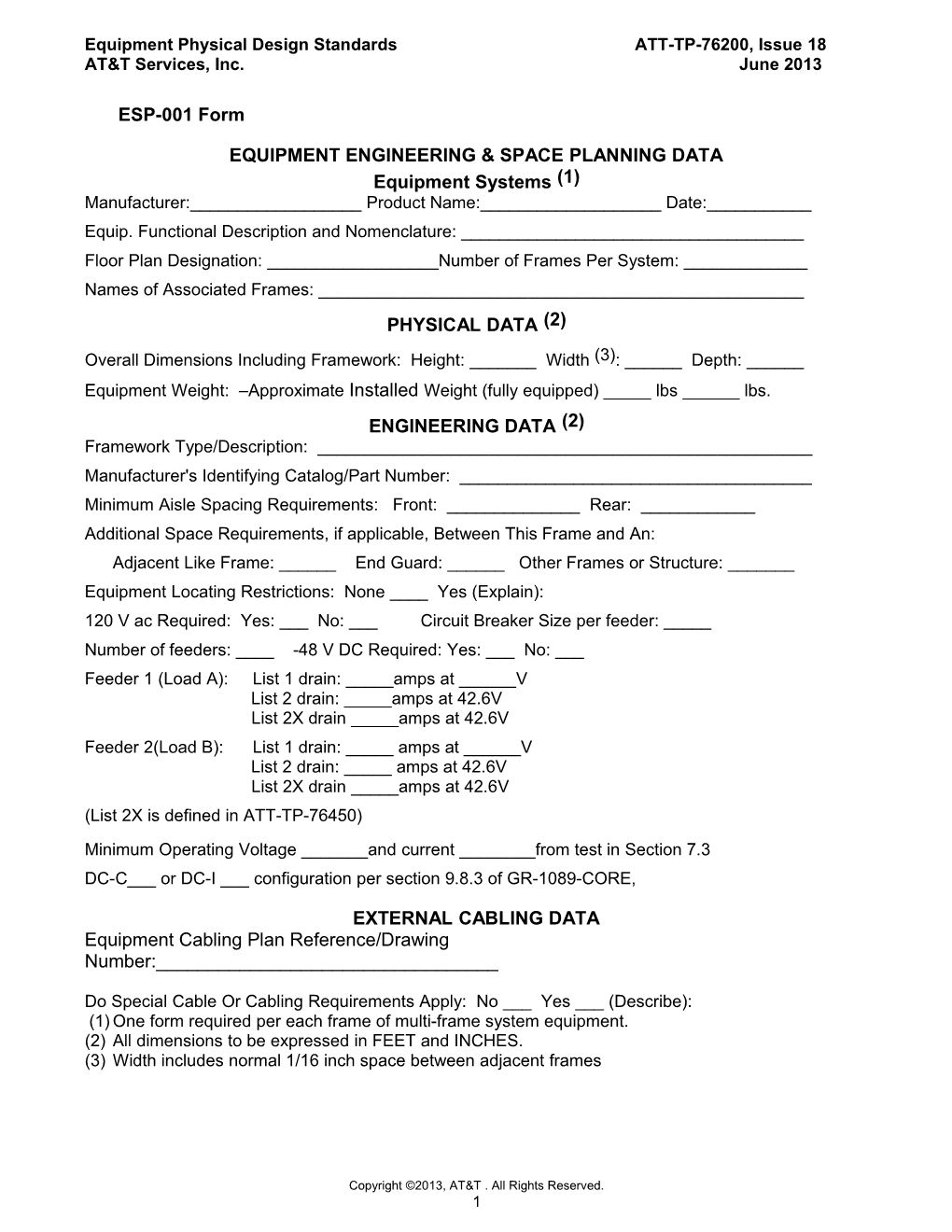 Equipment Physical Design Standards ATT-TP-76200, Issue 18