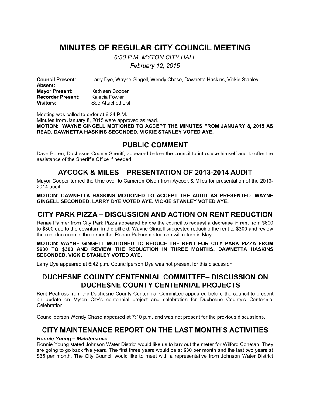 Minutes of Regular City Council Meeting