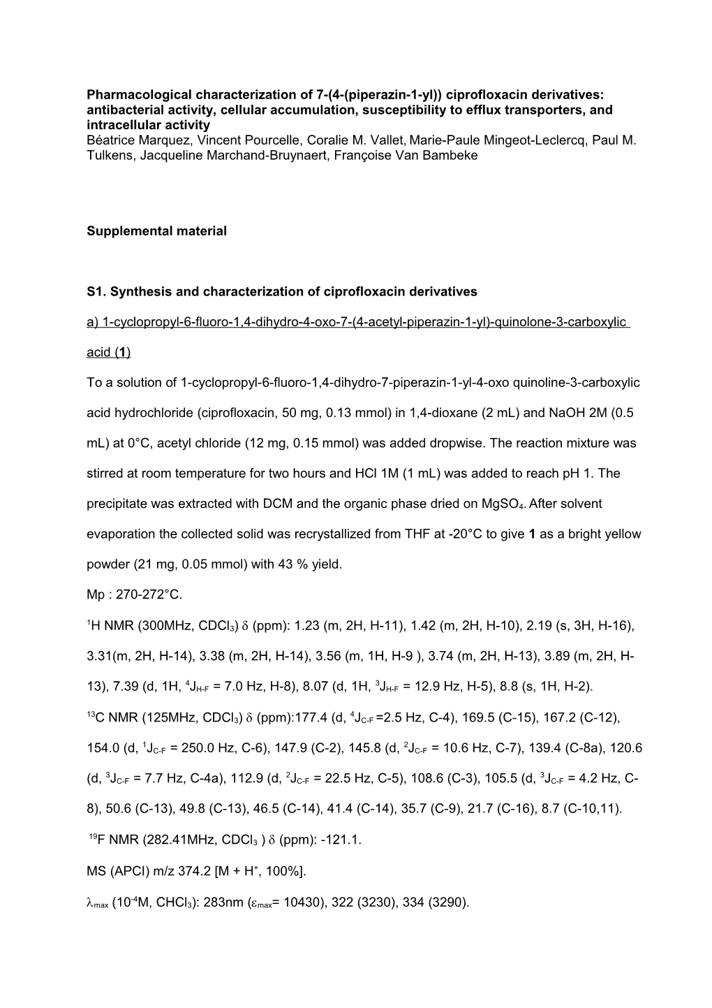 Pharmacological Characterization of 7-(4-(Piperazin-1-Yl)) Ciprofloxacin Derivatives