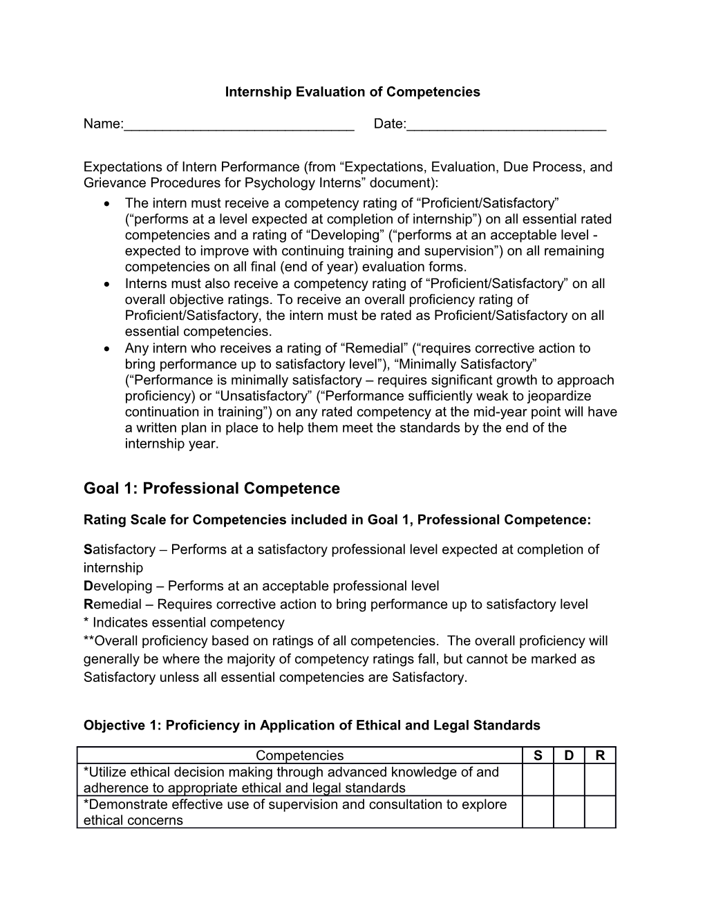 Internship Evaluation of Competencies