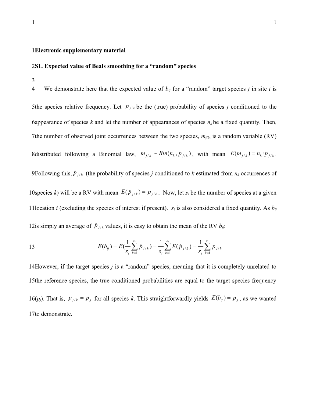 S1. Expected Value of Beals Smoothing for a Random Species