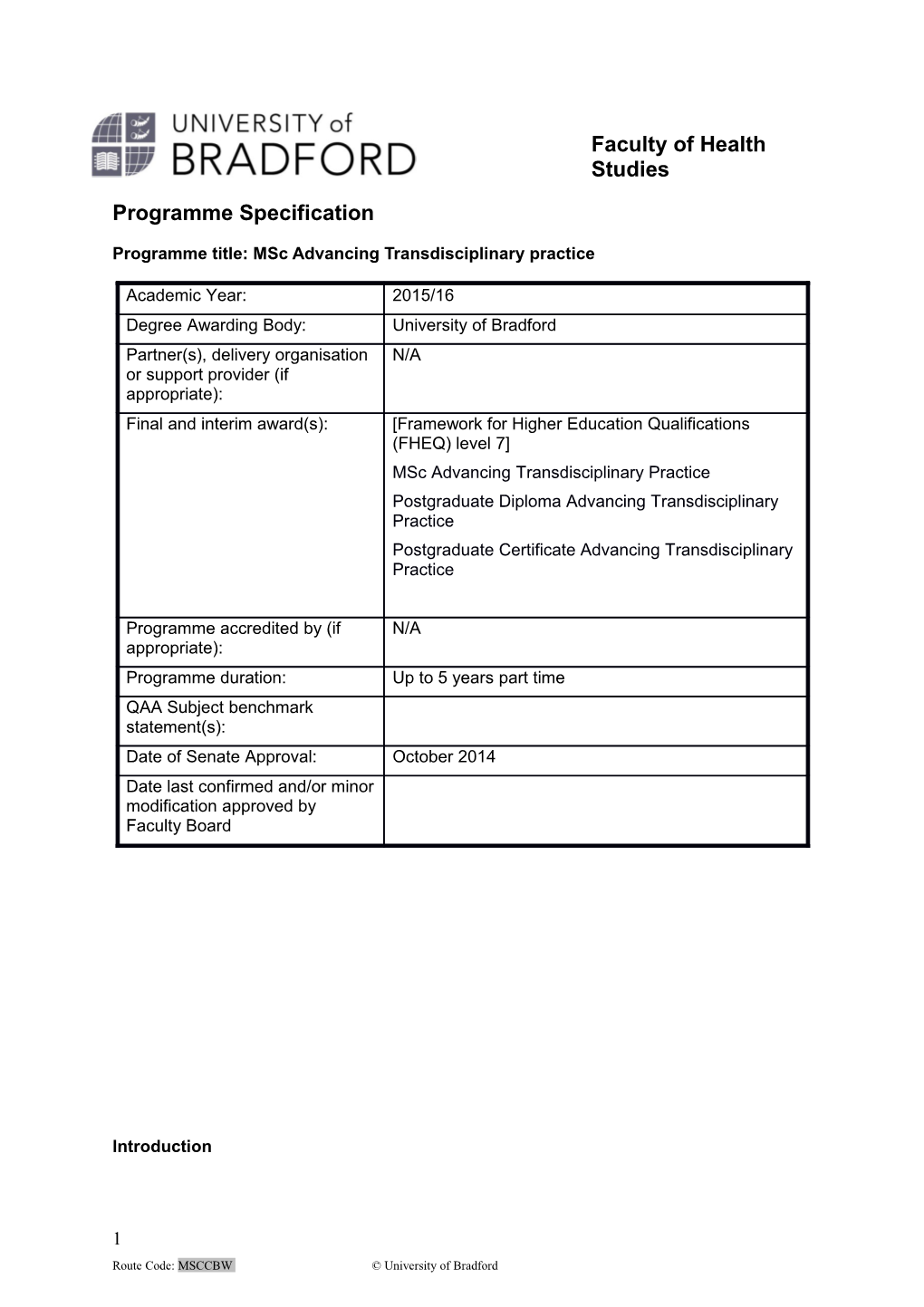 Programme Title: Msc Advancing Transdisciplinary Practice