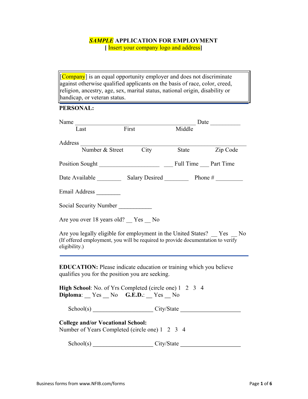 Business Forms from Page 1 of 6