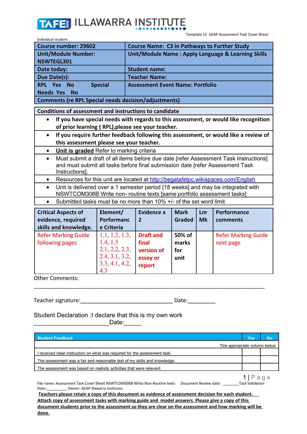 Template 15 GEAP Assessment Task Cover Sheet Individual Student